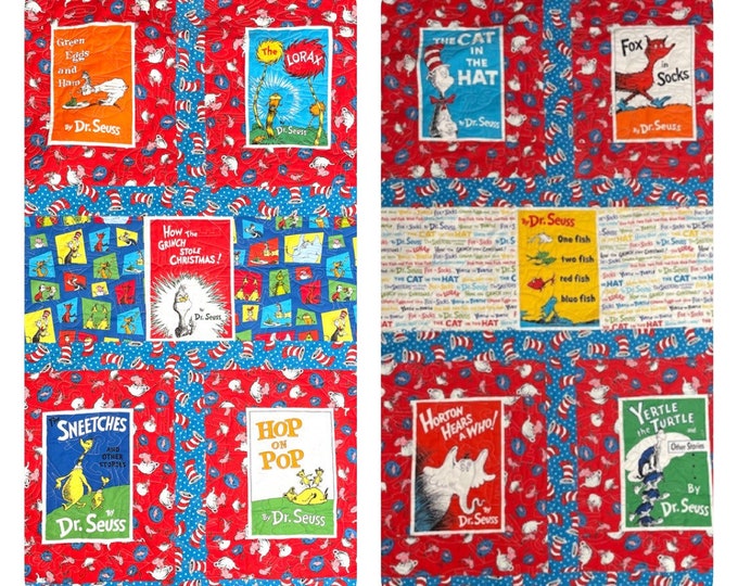 Twins gift Quilt set of 2  “Books” blue back, custom designed homemade 36” x 56” set of 2