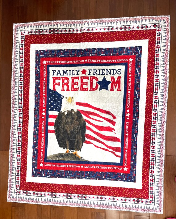 American Eagle Buffalo, NY HOMEMADE modern Custom made Quilt 55” x 68” red back and quilted
