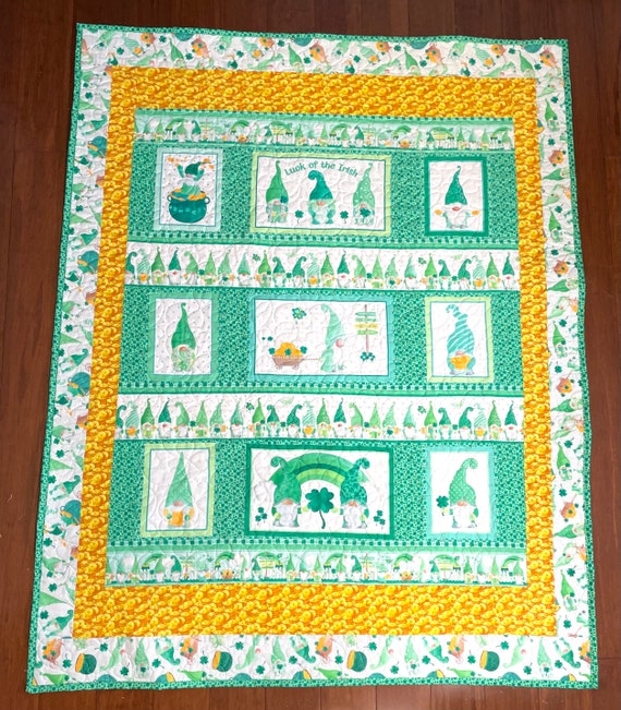 Homemade quilt “Gnome Lucky” one of a kind designed quilt 52” x 65”