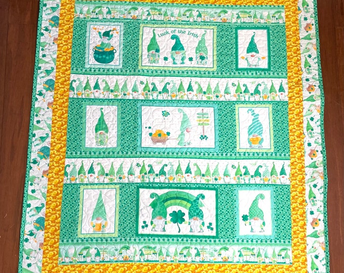 Homemade quilt St. Patrick’s Day “Gnome Lucky” one of a kind designed quilt 52” x 65”