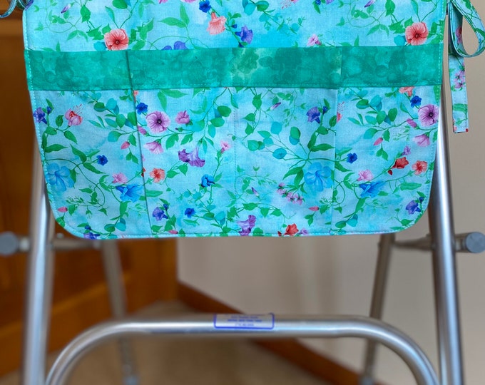 Walker bag or wheelchair carryall bag/flowers on blue green background. Last one in this fabric