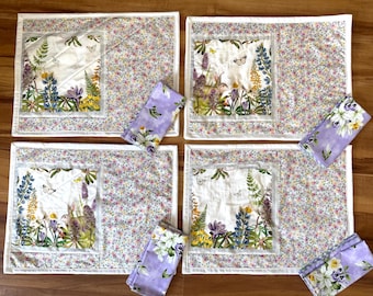 Bunnies and flowers Placemats 15” x 18”  with Napkins 15”, Set of 4