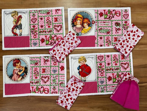 Valentines Day Placemats 11” x 17” with Napkins 16”, Set of 4