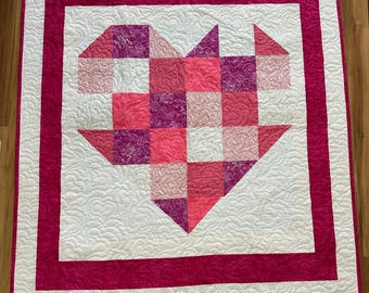Love keeps you warm quilt / wedding / pink and white back / homemade custom quilt 56” x 62”