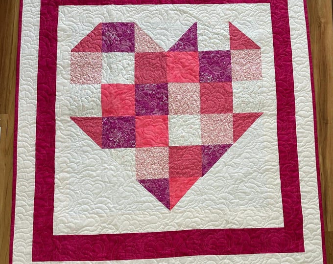 Love keeps you warm quilt / wedding / pink and white back / homemade custom quilt 56” x 62”
