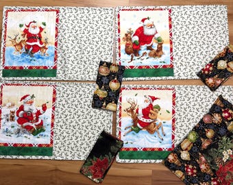 Holiday Santa placemats reversible with bells on other side set of 4 with napkins