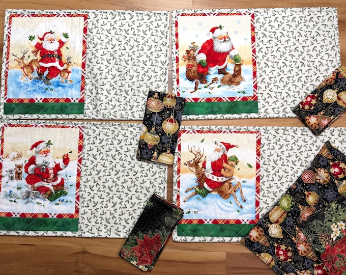 Holiday Santa placemats reversible with bells on other side set of 4 with napkins