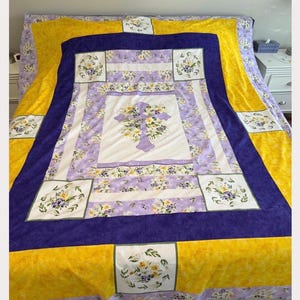 Cross Quilt: Purple /  Yellow Cotton Fabric, Handmade 86”x 102”