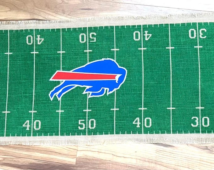 Buffalo themed burlap table runner. 15” x 76”