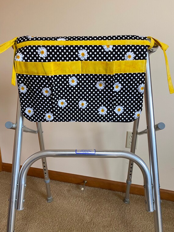 walkers or wheelchair carryall bag/daisies on black with white polka dots. Last one in this fabric