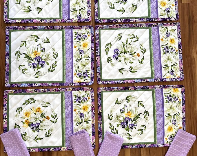 Pansies Placemats for everyday 12” x 17” Set of 6 and 8 double sided matching napkins
