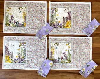Bunnies and flowers Placemats 15” x 18”  with Napkins 15”, Set of 4