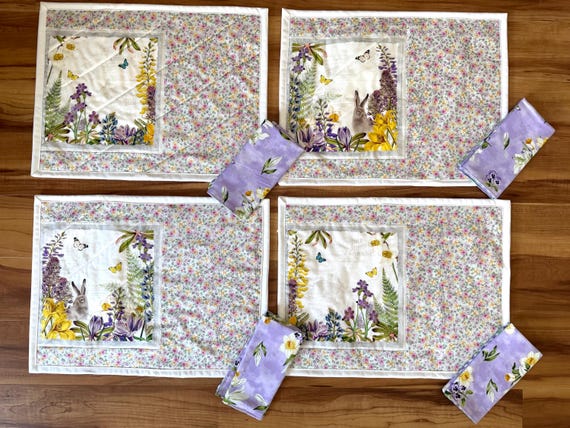 Bunnies and flowers Placemats 15” x 18”  with Napkins 15”, Set of 4