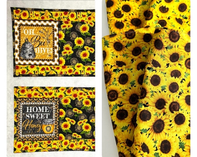 Sunflowers and bees black trim 15” x 19”placemats Set of 4 and 4 napkins