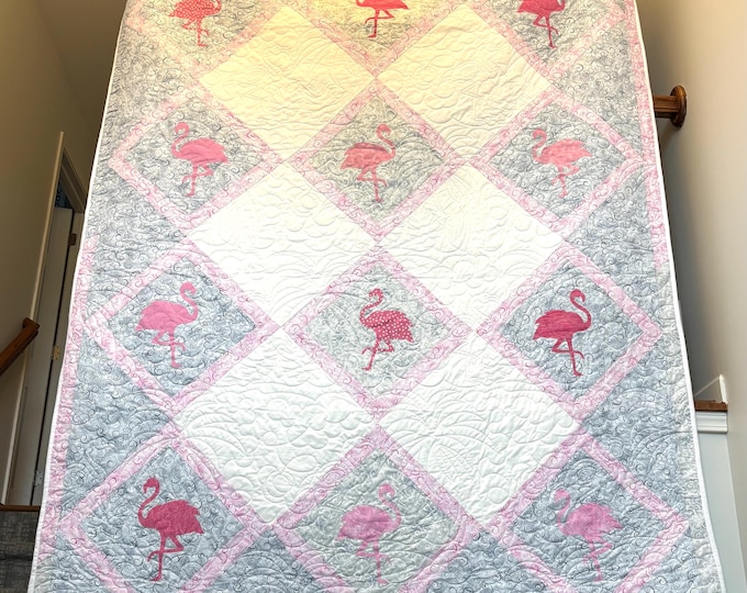 Flamingos Homemade custom quilt 72” x 88” with custom quilting patterns / ONLY ONE