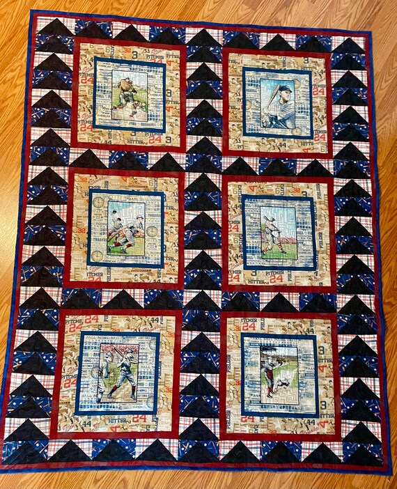Homemade custom modern quilt “Play Ball” 56”x 70”