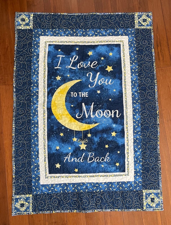 I love you to the moon and back HOMEMADE Custom made 40” x 55” quilted with stars and swirls