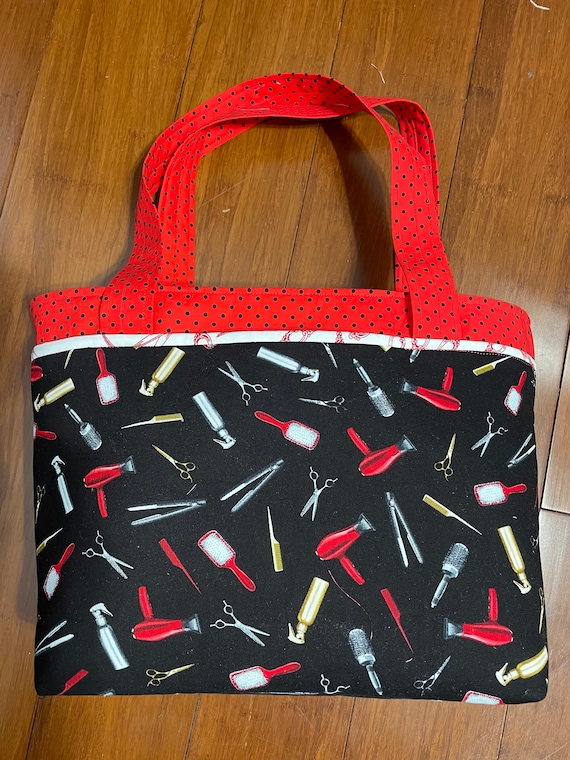 Hairdresser themed padded shoulder bag for shopping, diaper bag, travel or beach