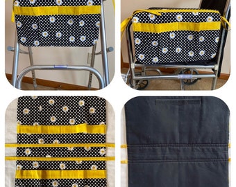 Walker bag or wheelchair carryall bag/daisies on black with white polka dots. Last one in this fabric