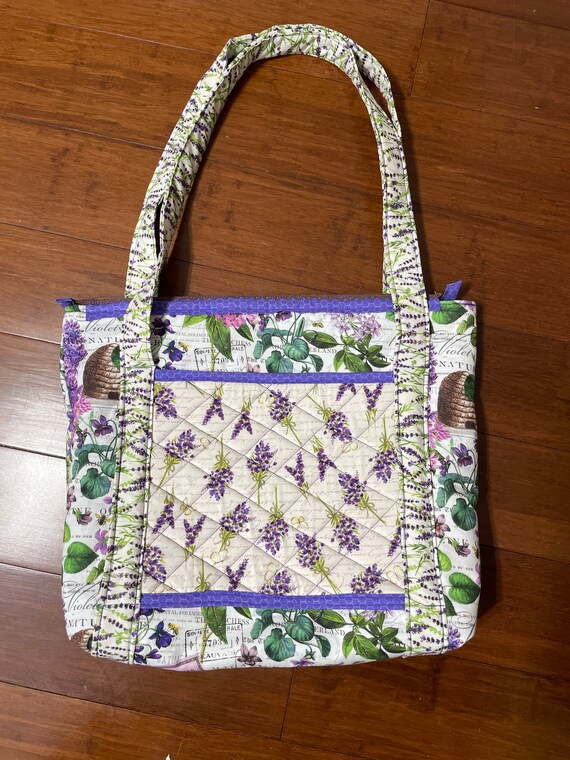 Lavender themed padded bag for shopping, diaper bag, travel or beach 1 outside pocket / luggage slip on other side