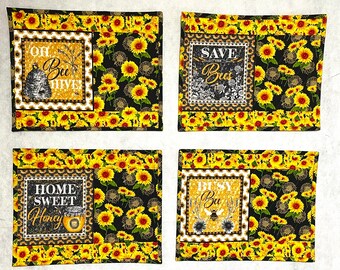Sunflowers and bees black trim 15” x 19”placemats Set of 4 and 4 napkins