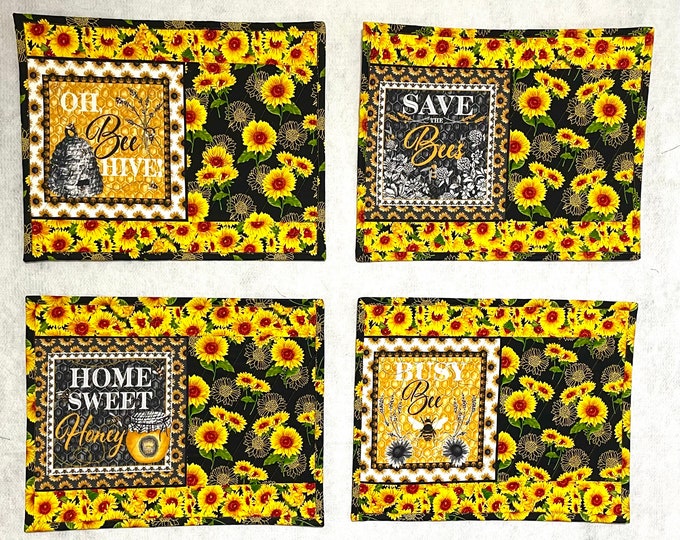 Sunflowers and bees black trim 15” x 19”placemats Set of 4