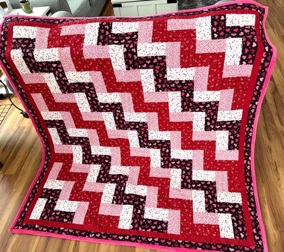 Homemade Love Day Quilt: Hearts fabric and Minky soft back Blanket (64” x 68”)