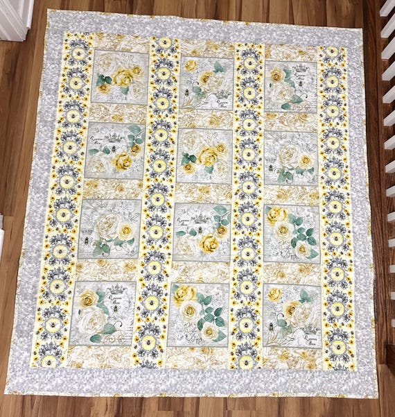 Queen Bee and yellow roses homemade custom quilt 60” x 65”