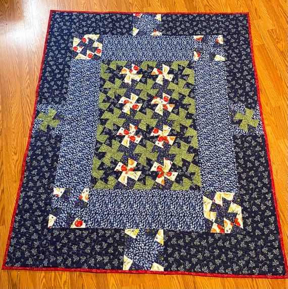 Quilt custom “Blueberry picnic” red with stars back, custom designed homemade 60” x 68”