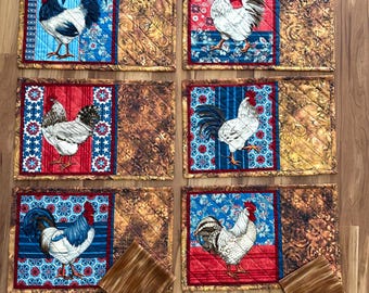 Chicken Placemats for everyday 12” x 18” Set of 6 and 6 double sided matching 12”x12” napkins