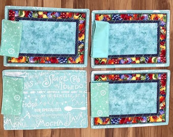 Diagonal Stitched Placemats with Napkins: Set of 4 - 12x17 in