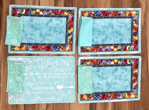 Diagonal Stitched Placemats with Napkins: Set of 4 - 12x17 in