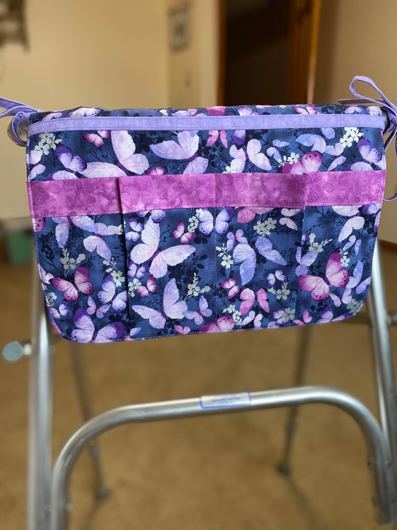 walkers or wheelchair carryall bag/butterflies on a purple blue background