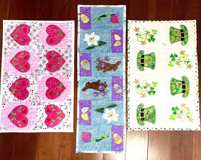 Table runners 3 in set Valentine’s Day, Easter, and St. Patrick’s Day table runners all custom embroidery