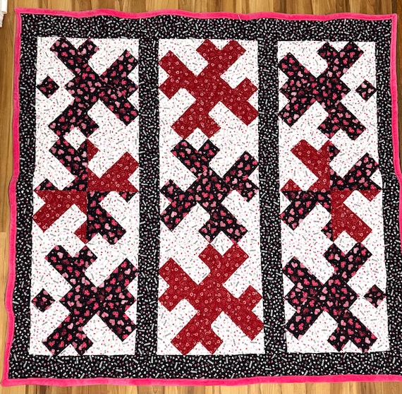 Homemade Love Day Quilt: Hearts fabric and Minky soft back Blanket (60” x 62”)