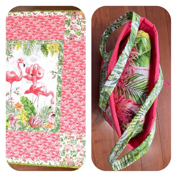 Flamingos HOMEMADE Custom made Quilt 52” x 62” green back and quilted with matching bag