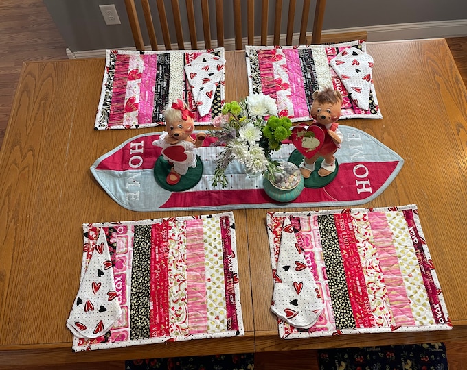 Valentines Day 9 piece set Island runner / placemats / dresser scarf 12” x 41” / 4 placemats 14” x 18”with napkins