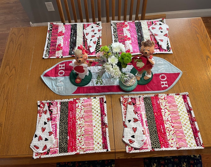 Valentines Day 9 piece set Island runner / placemats / dresser scarf 12” x 41” / 4 placemats 14” x 18”with napkins