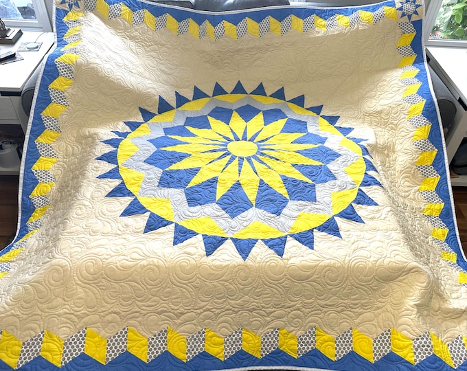 You are my sunshine quilt, check out the quilted  details 86” x 86” with beautiful quilting pattern / ONLY ONE