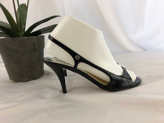 black patent leather slingback shoes