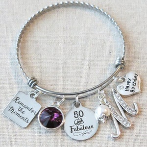 50th BIRTHDAY Gift, Milestone Birthday Gifts for Her, Best Friend Bracelet, Remember the Moments Bangle Bracelet, 50 and Fabulous Gift, BFF image 2