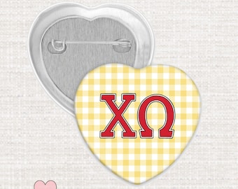 Chi Omega Heart Button, Licensed Chi O Sorority Pin with Yellow Gingham, Cute Chi O Sorority Gift, Greek Bid Day Favor, Big Little Reveal