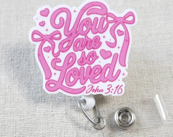 Bible Verse Badge Reel, You Are So Loved John 3:16 – Retractable ID Badge Reel with Heart and Bow Design, Bible Scripture Quotes Badge Reel