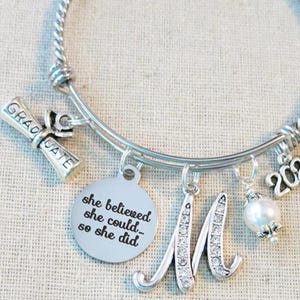 2026 Graduation Bangle Bracelet, Initial Charm, Swarovski Pearl