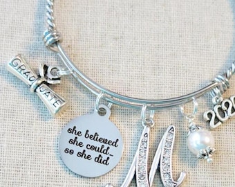 2026 Graduation Bangle Bracelet, Initial Charm, Swarovski Pearl