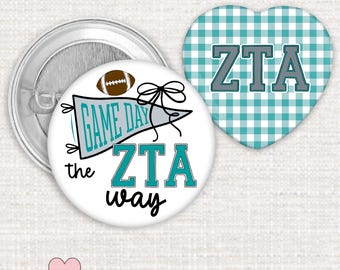 Zeta Tau Alpha Game Day Button Pin Set – Licensed ZTA Sorority Pins, Cute Tailgate Accessories, Zeta Bid Day Gift, Greek Life Sorority Gifts