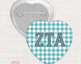 Zeta Tau Alpha Heart Button, Licensed ZETA Sorority Pin with Teal Gingham, Cute Zeta Sorority Gift, Greek Bid Day Favor, Big Little Reveal