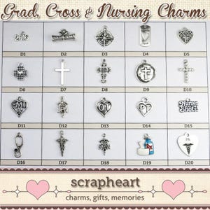 May include: A grid of silver charms with various designs, including crosses, graduation caps, medical symbols, and a compass. The charms are labeled with numbers and letters, and the text "Grad, Cross & Nursing Charms" is at the top.