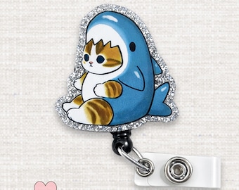 Cat Shark Costume Badge Reel, Funny Kitten Shark Retractable ID Holder, Cute Nurse Badge Reel, Healthcare Worker ID Clip, Cat Lover Gift