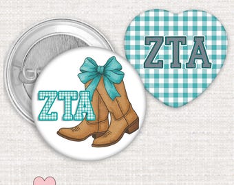 Zeta Tau Alpha Button Pin Set, Licensed ZTA 2-Pack with Boots and Gingham Heart Pins, Sorority Bid Day, Big Little Reveal, ZTA Game Day Pins
